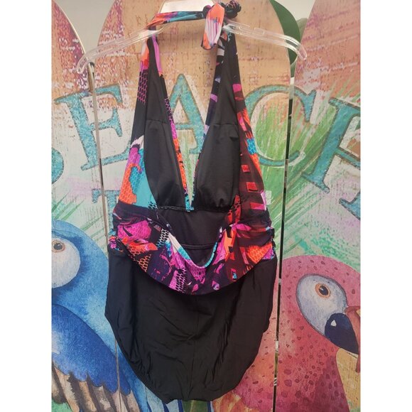 Aqua Green Womens Halter One-Piece Swimsuit With Black & Multicolor Abstract Des - Picture 5 of 7